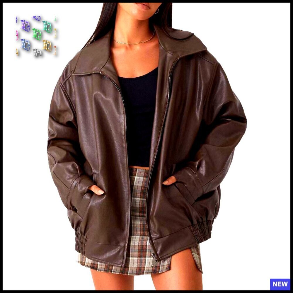Oversized Faux Leather Motorcycle Jacket Zip Up Biker Style Chic Outwear